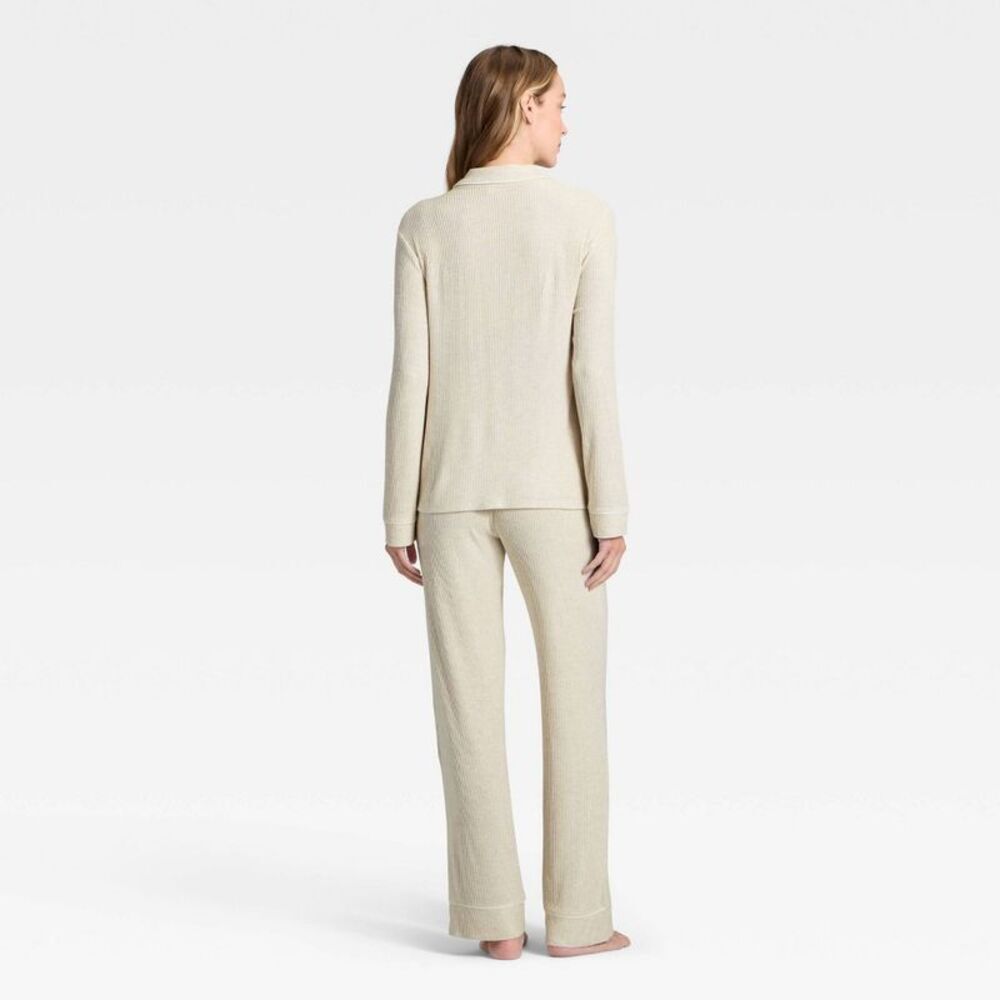 Women's Cozy Ribbed Notch Collar Long Sleeve Pajama Set Oatmeal XL - Picture 2 of 4